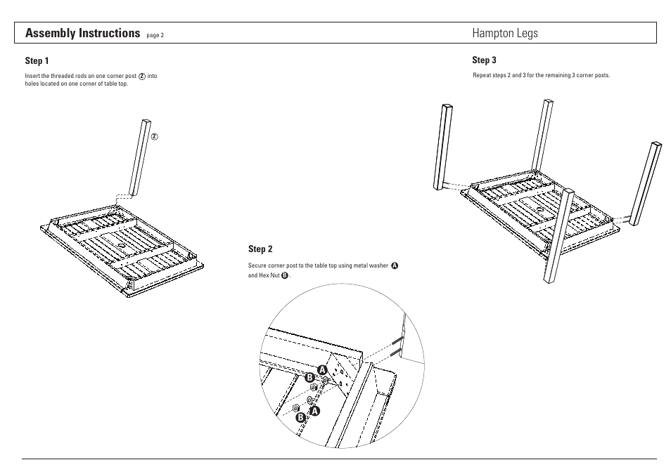 Assembly instructions, Hampton legs | Oxford Garden Hampton 32 Table User Manual | Page 2 / 2