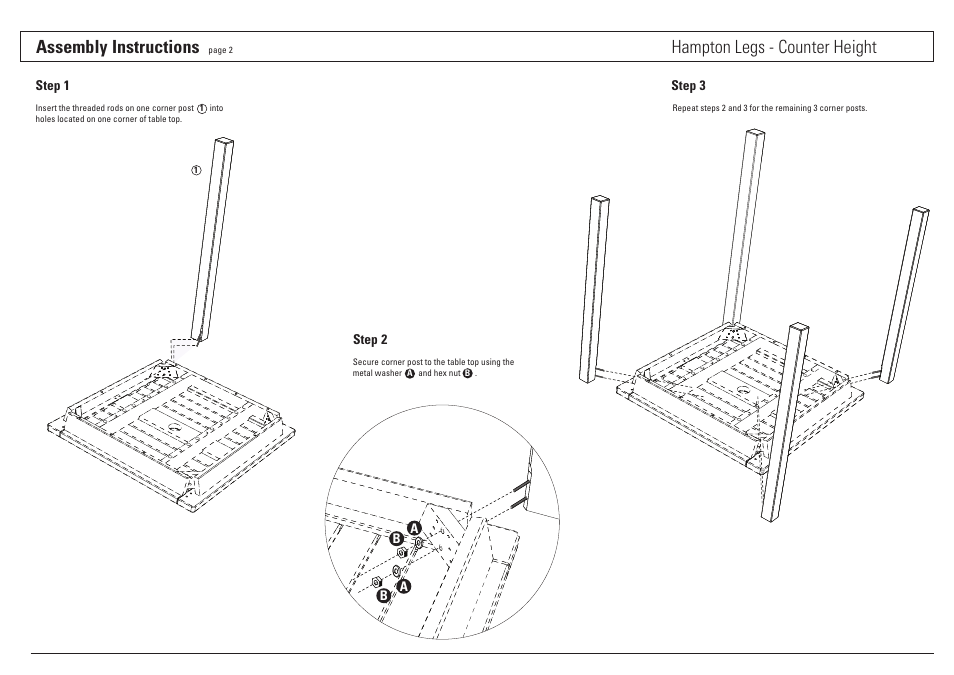 Assembly instructions, Hampton legs - counter height | Oxford Garden Hampton 28 Square Table User Manual | Page 2 / 2