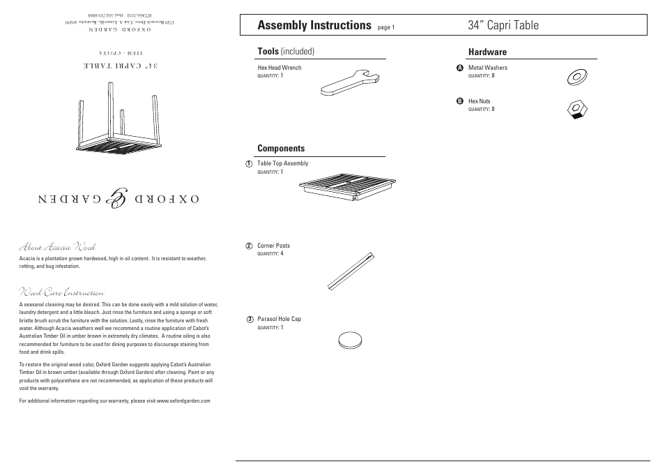 Oxford Garden Capri 34 Square Table User Manual | 2 pages