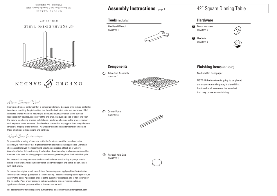 Oxford Garden 42 Square Dinning Table User Manual | 2 pages