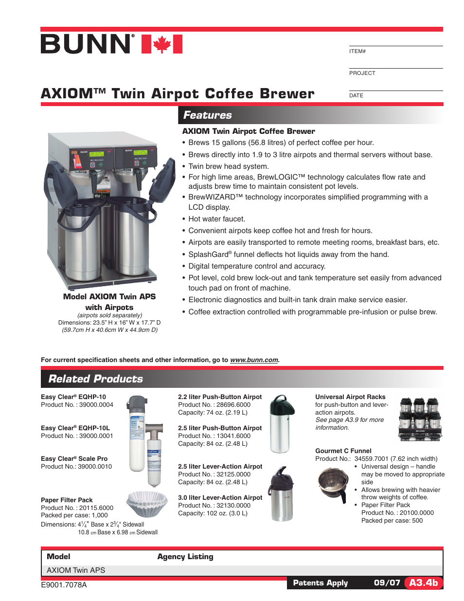 Bunn AXIOM Twin APS User Manual | 2 pages