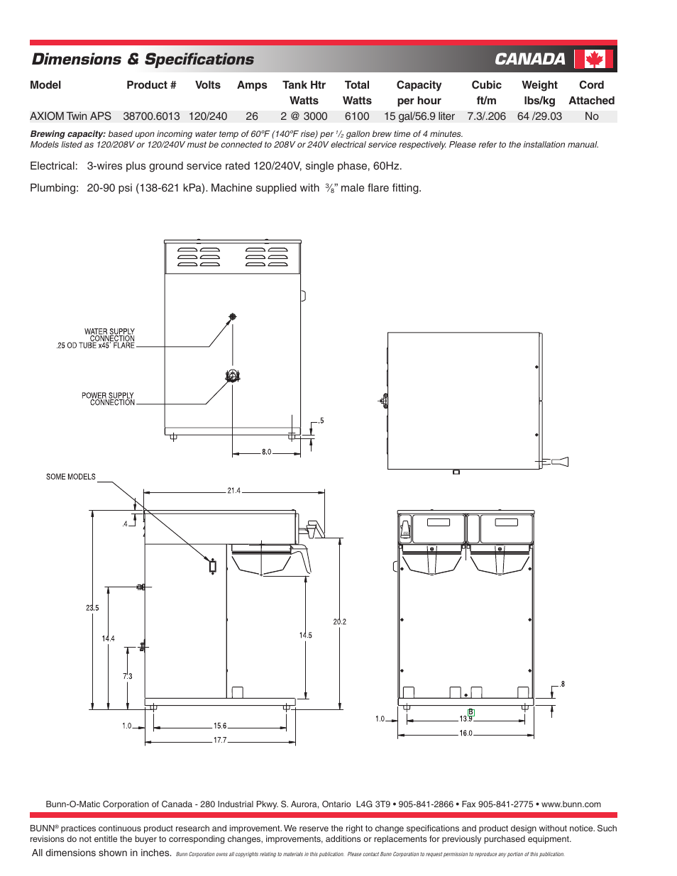 Dimensions & specifications, Canada | Bunn AXIOM Twin APS User Manual | Page 2 / 2