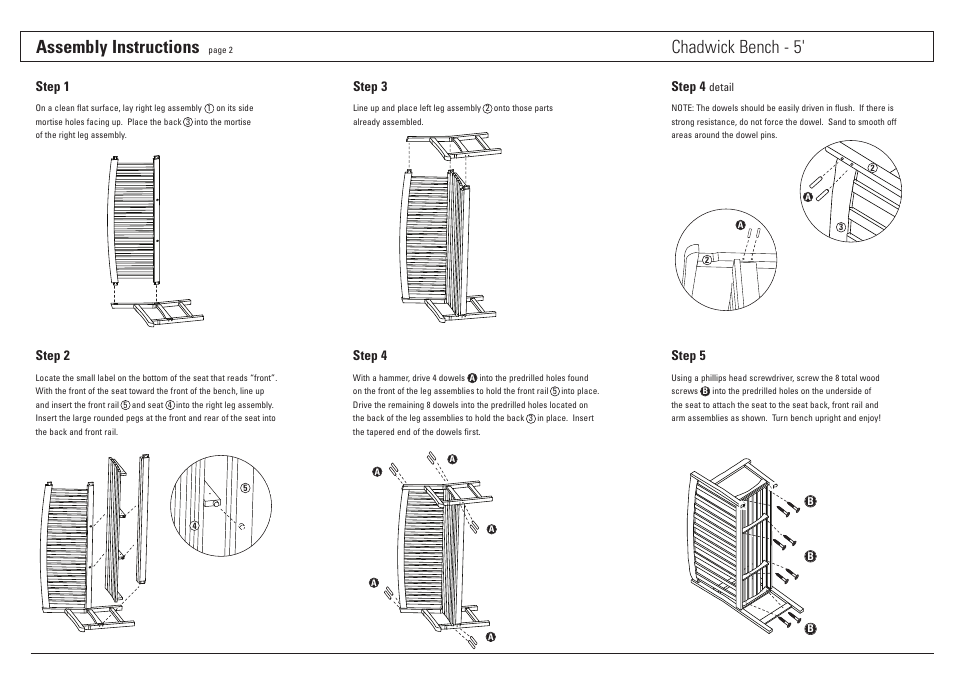 Assembly instructions, Chadwick bench - 5 | Oxford Garden Chadwick 5 Bench User Manual | Page 2 / 2