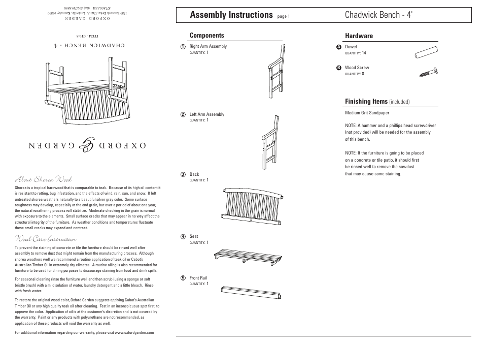 Oxford Garden Chadwick 4 Bench User Manual | 2 pages