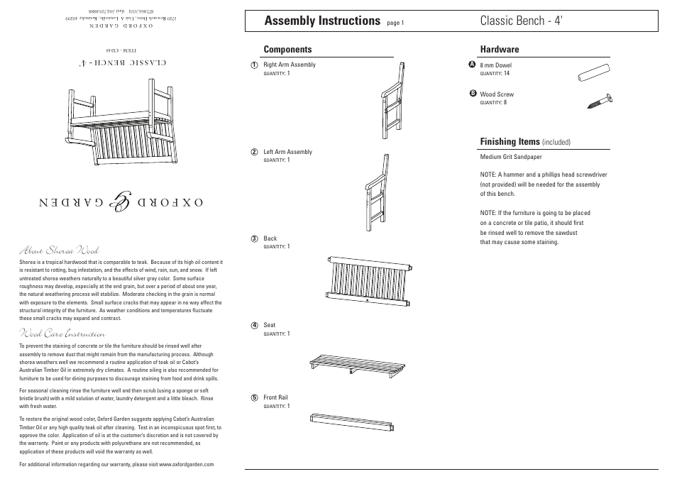 Oxford Garden Classic 4 Bench User Manual | 2 pages