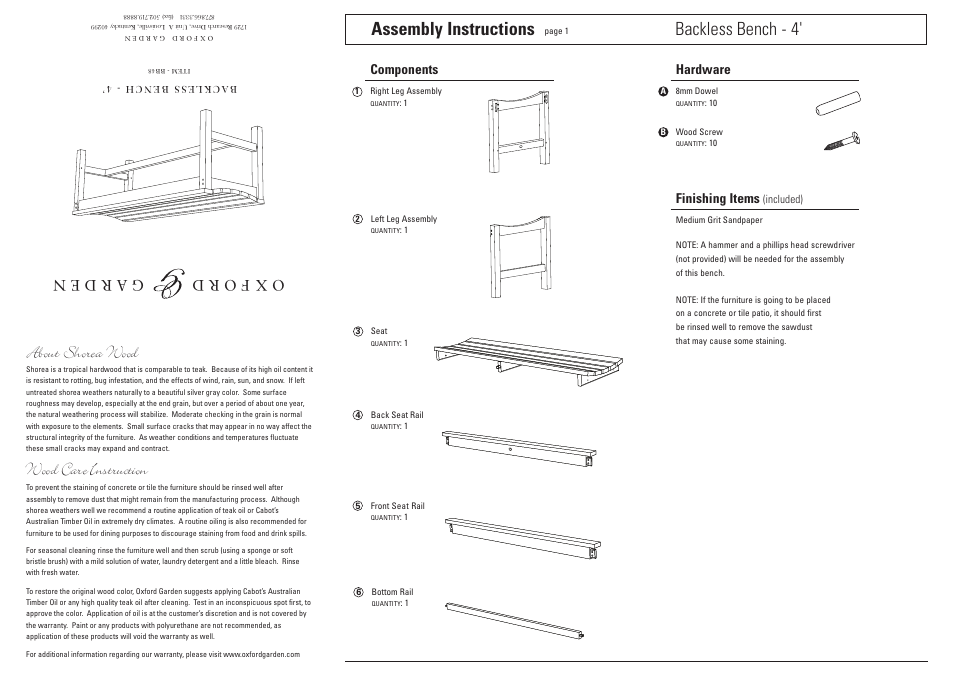 Oxford Garden 4 Backless Bench User Manual | 2 pages