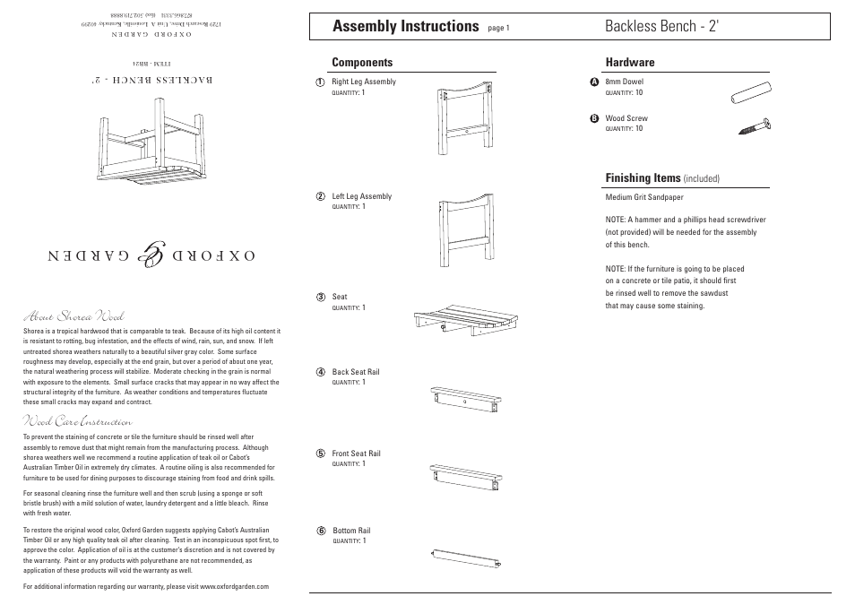 Oxford Garden 2 Backless Bench User Manual | 2 pages