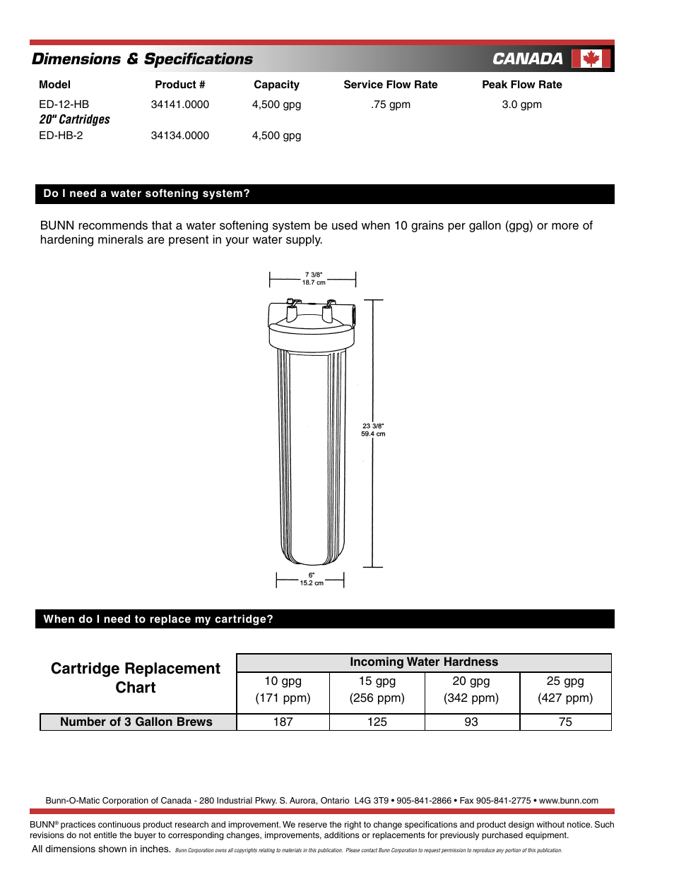 Dimensions & speciﬁcations, Canada, Cartridge replacement chart | Bunn EASY CLEAR WATER ED-12-HB User Manual | Page 2 / 2