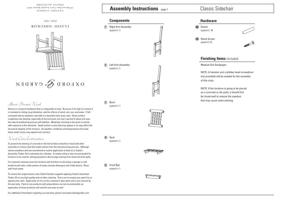 Oxford Garden Classic Sidechair User Manual | 2 pages