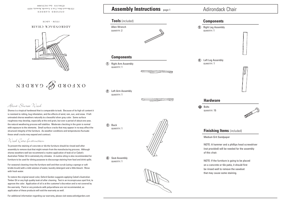 Oxford Garden Adirondack Chair User Manual | 2 pages