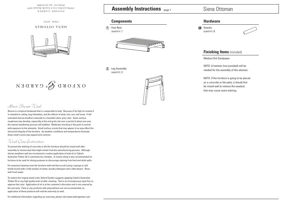 Oxford Garden Siena Ottoman User Manual | 2 pages