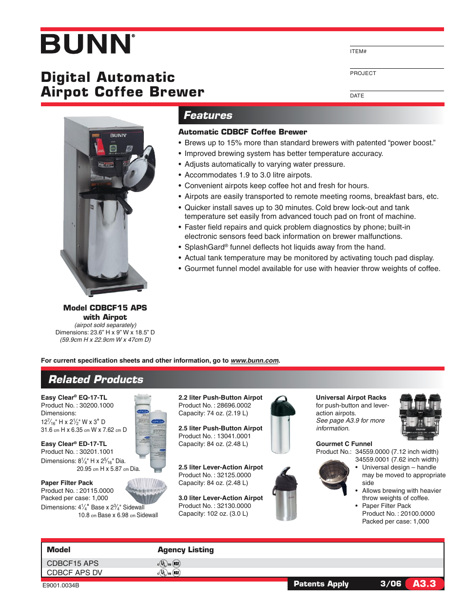 Bunn DIGITAL AUTOMATIC AIRPOT COFFEE BREWER CDBCF15 APS User Manual | 2 pages