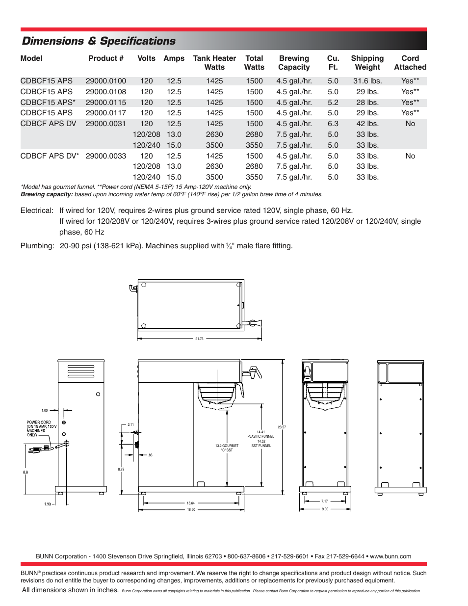 Dimensions & speciﬁcations | Bunn DIGITAL AUTOMATIC AIRPOT COFFEE BREWER CDBCF15 APS User Manual | Page 2 / 2
