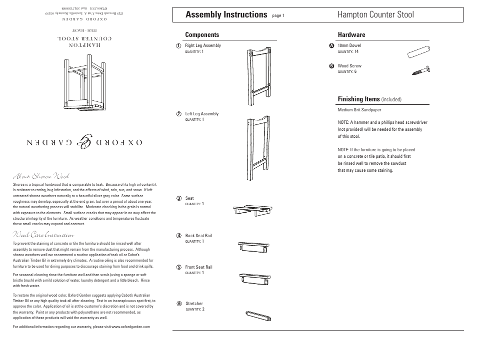 Oxford Garden Hampton Stool User Manual | 2 pages