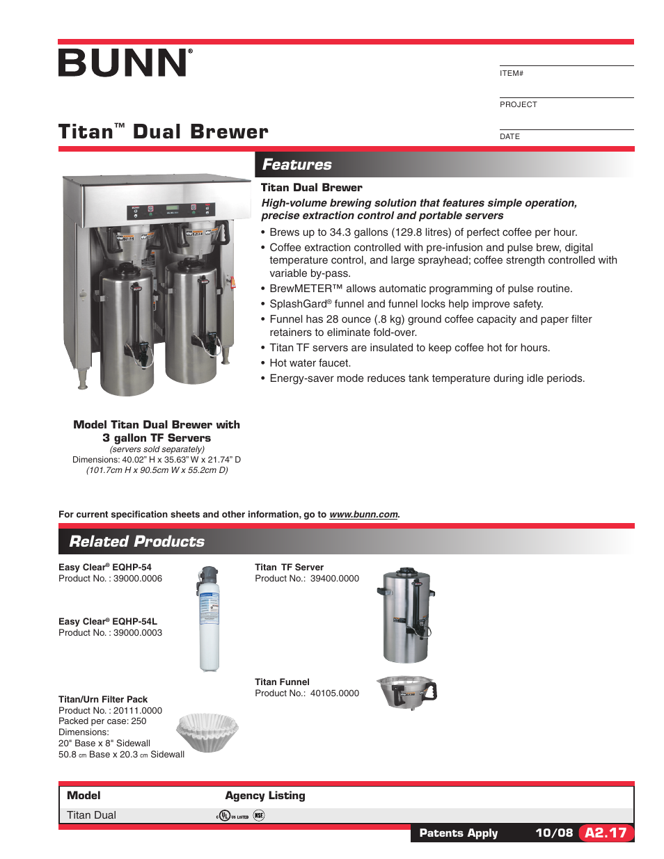 Bunn Titan User Manual | 2 pages