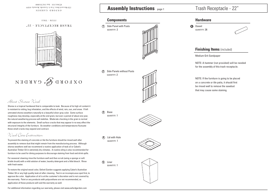 Oxford Garden 22 Trash Receptacle (includes liner) User Manual | 2 pages