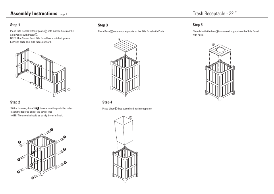 Assembly instructions, Trash receptacle - 22 | Oxford Garden 22 Trash Receptacle (includes liner) User Manual | Page 2 / 2