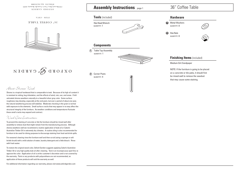 Oxford Garden 36 Coffee Table User Manual | 2 pages