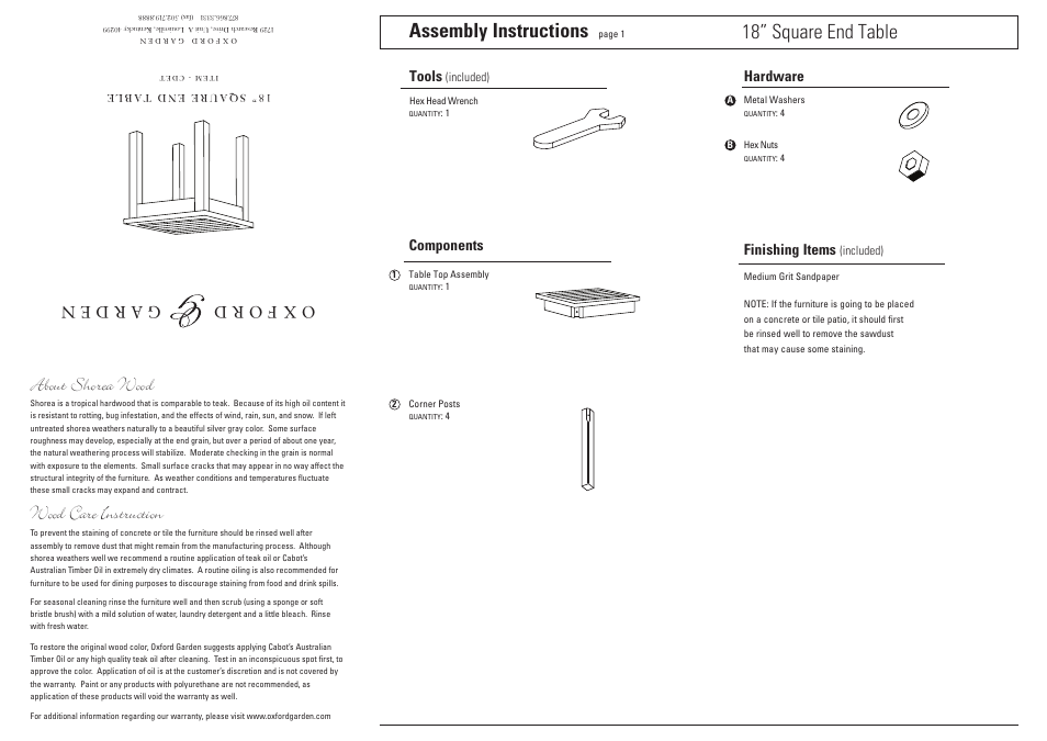 Oxford Garden 18 End Table User Manual | 2 pages