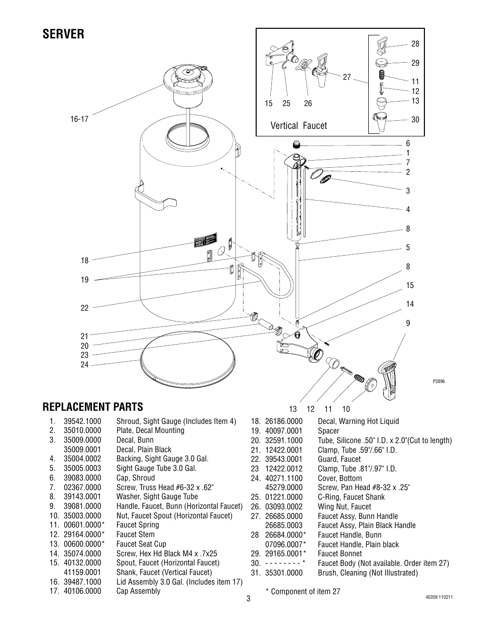 Server, Replacement parts | Bunn Titan TF 40359 User Manual | Page 3 / 4