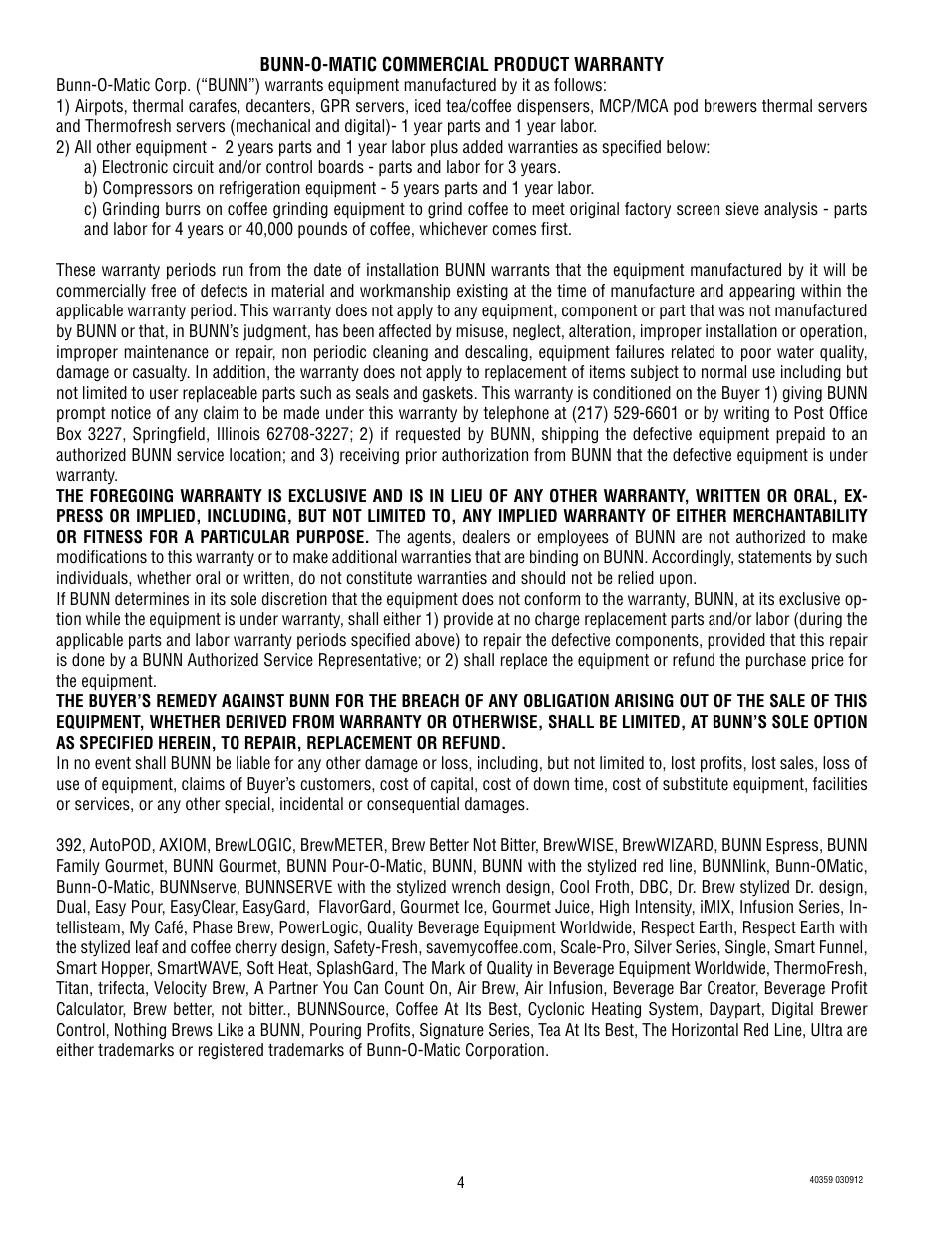 Bunn Titan TF 40359 User Manual | Page 4 / 4