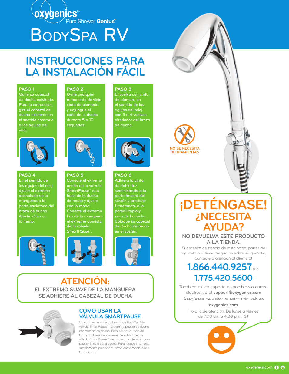 Deténgase, Necesita ayuda, Instrucciones para la instalación fácil | Atención | Oxygenics BodySpa RV User Manual | Page 2 / 2