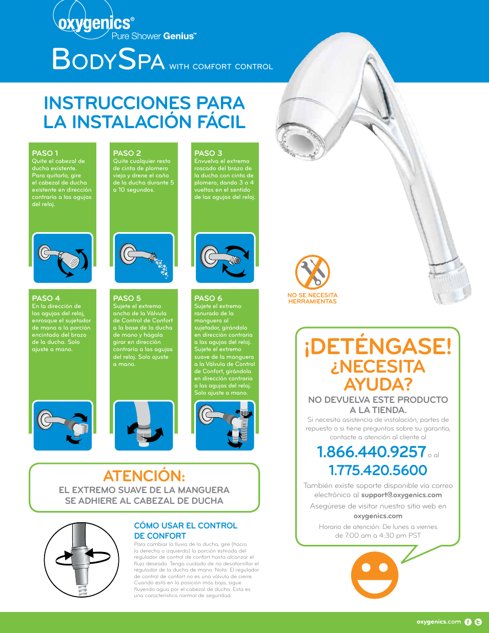 Deténgase, Necesita ayuda, Instrucciones para la instalación fácil | Atención | Oxygenics BodySpa with comfort control User Manual | Page 2 / 2
