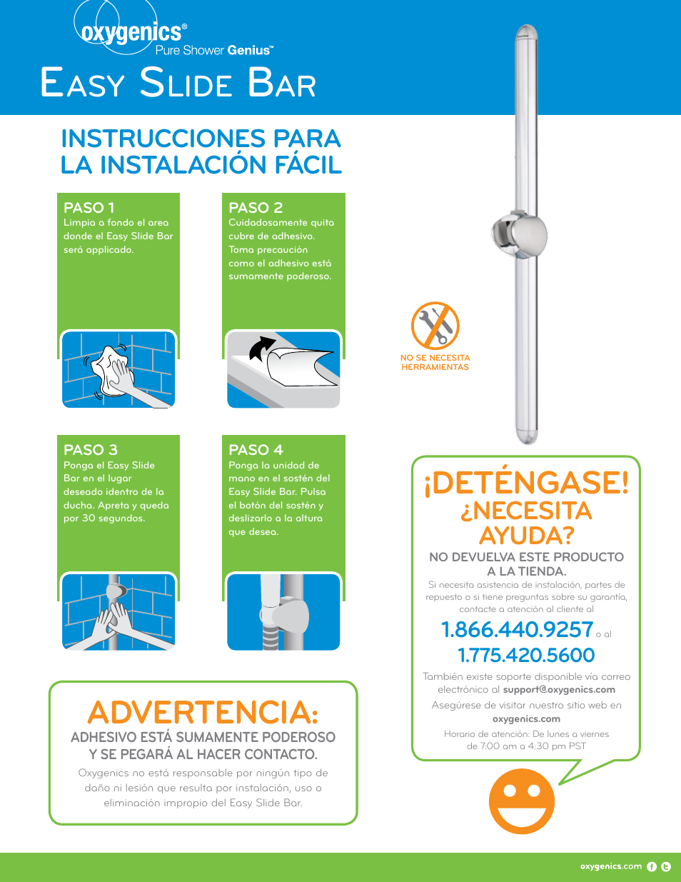 Advertencia, Deténgase, Lide | Necesita ayuda, Instrucciones para la instalación fácil | Oxygenics Easy Slide Bar User Manual | Page 2 / 2