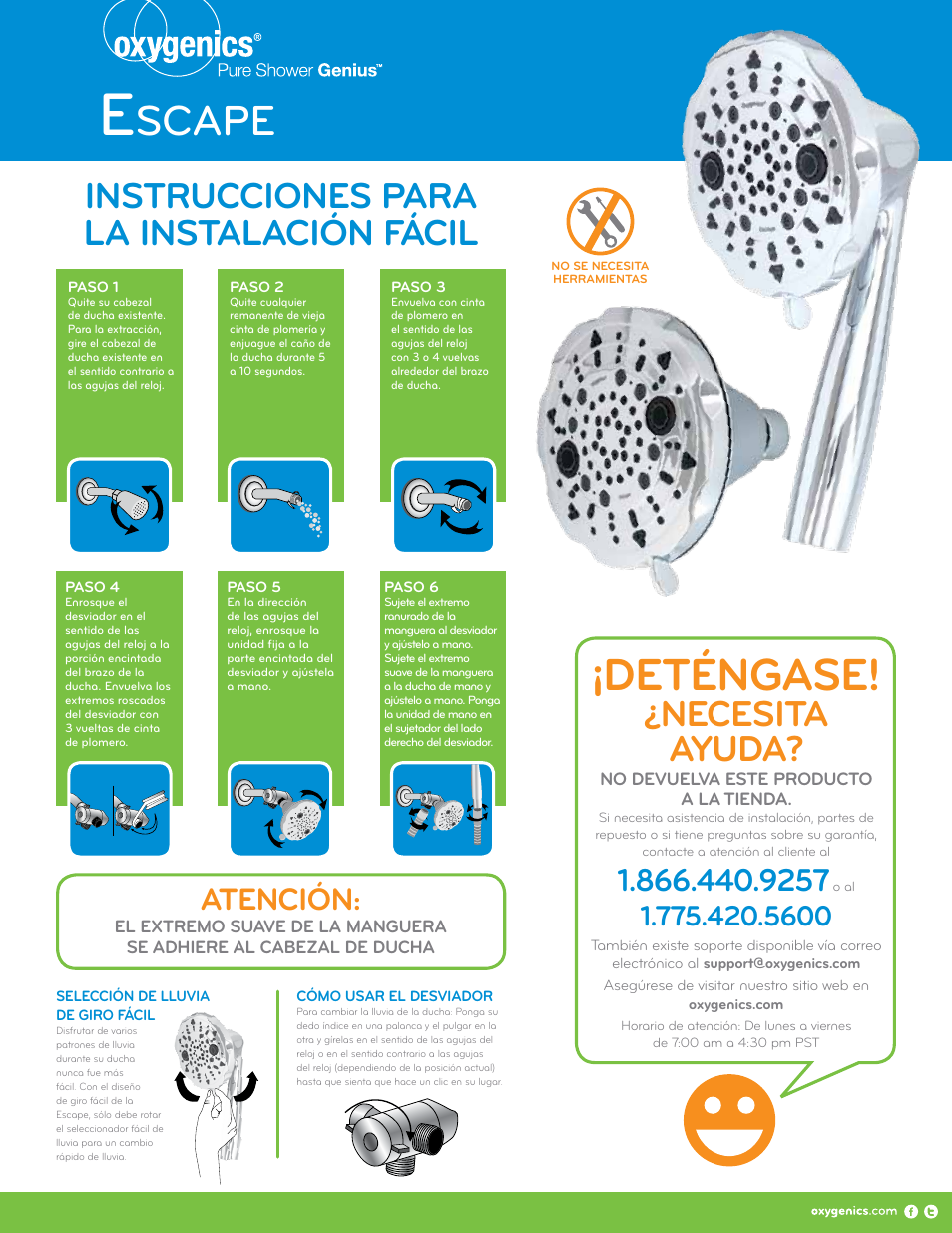 Deténgase, Scape, Necesita ayuda | Instrucciones para la instalación fácil, Atención | Oxygenics Escape Combo User Manual | Page 2 / 2