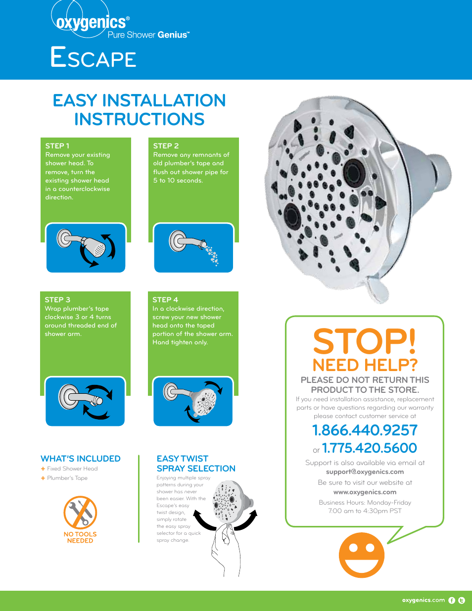 Oxygenics Escape Fixed User Manual | 2 pages