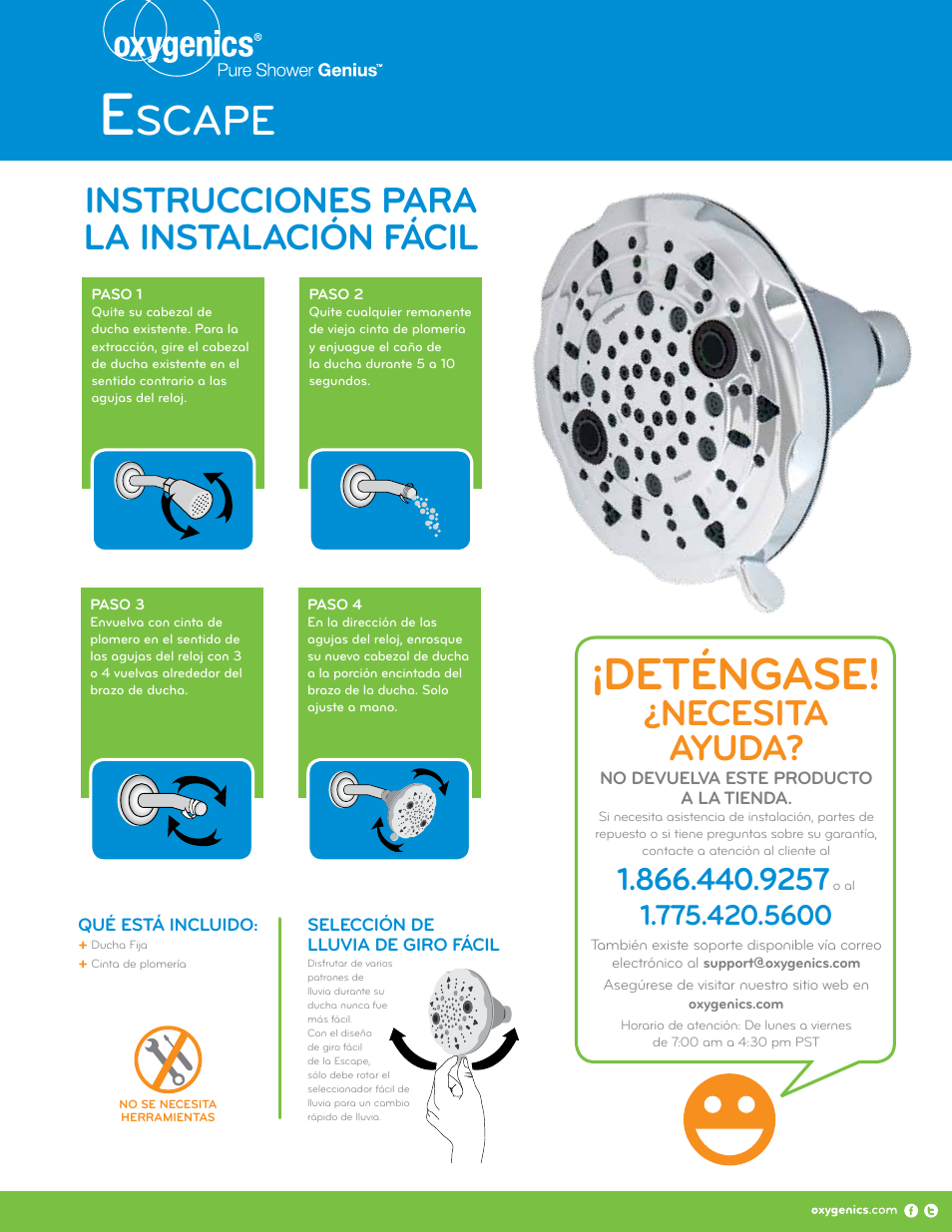 Deténgase, Scape, Necesita ayuda | Instrucciones para la instalación fácil | Oxygenics Escape Fixed User Manual | Page 2 / 2