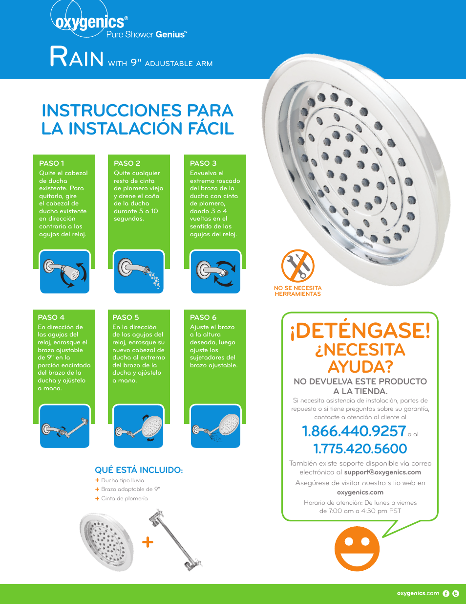 Deténgase, Necesita ayuda, Instrucciones para la instalación fácil | Oxygenics Rain User Manual | Page 2 / 2
