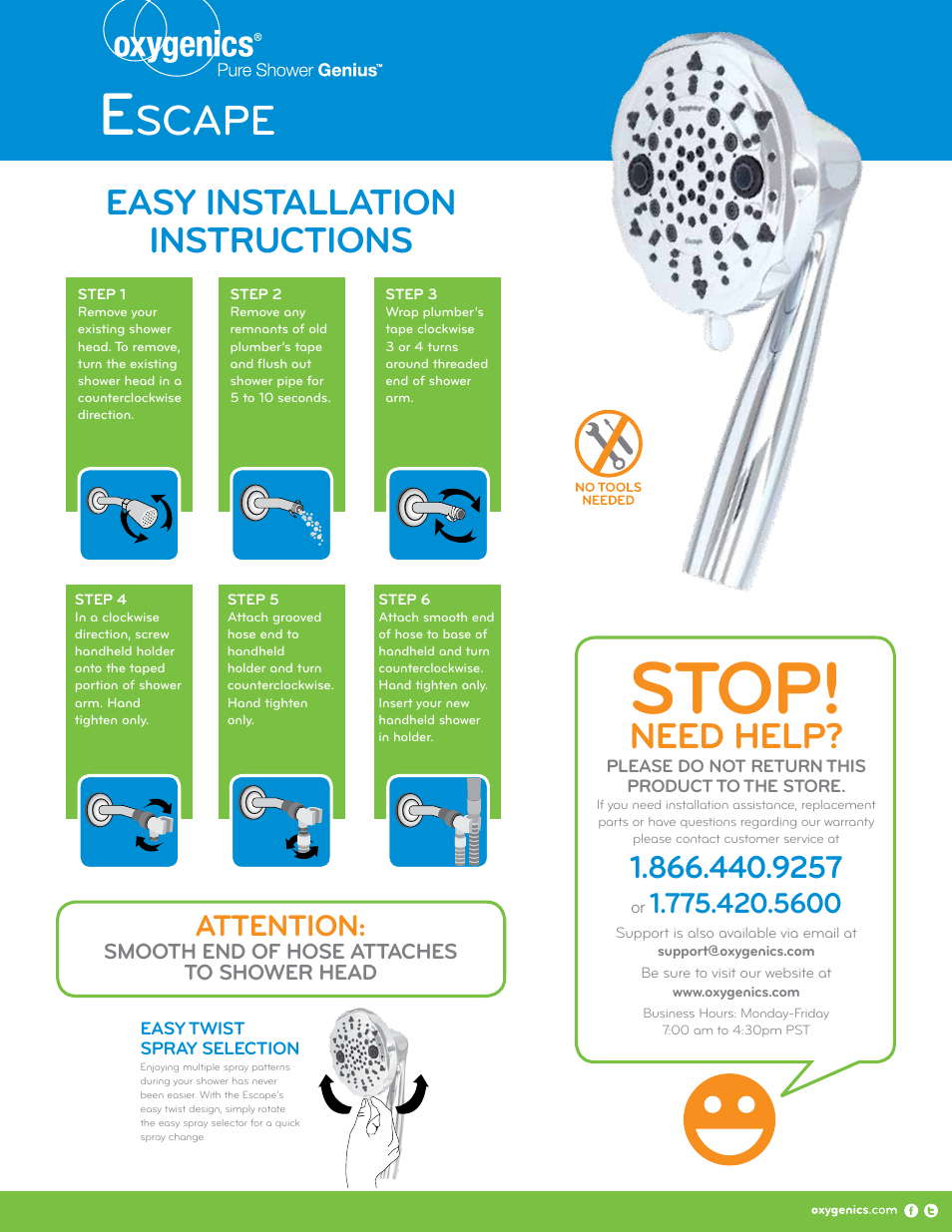 Oxygenics Escape HH User Manual | 2 pages