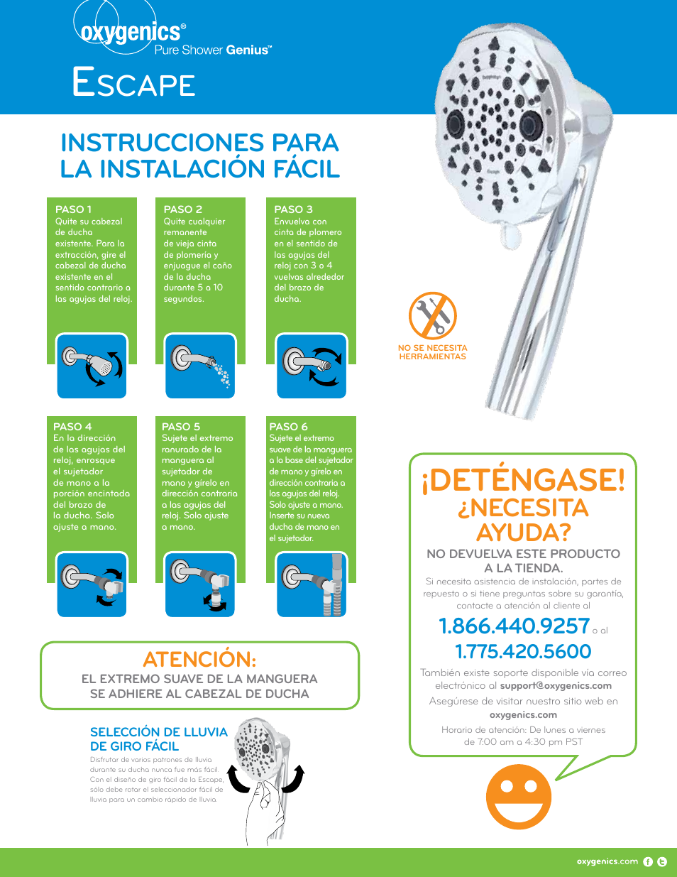 Deténgase, Scape, Necesita ayuda | Instrucciones para la instalación fácil, Atención | Oxygenics Escape HH User Manual | Page 2 / 2