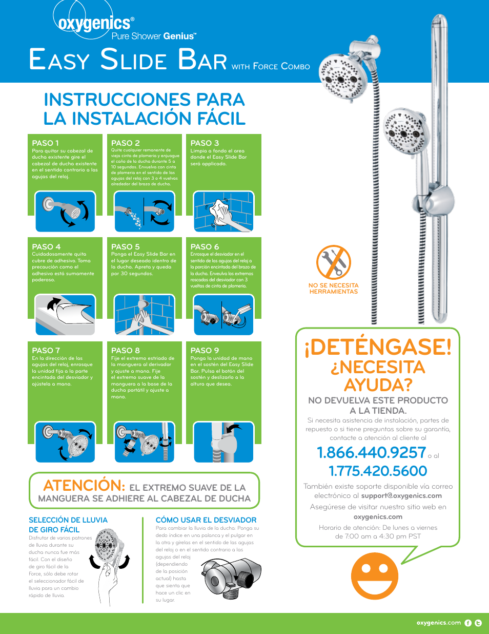 Deténgase, Lide, Necesita ayuda | Instrucciones para la instalación fácil, Atención | Oxygenics Easy Slide Bar with Combo User Manual | Page 2 / 2