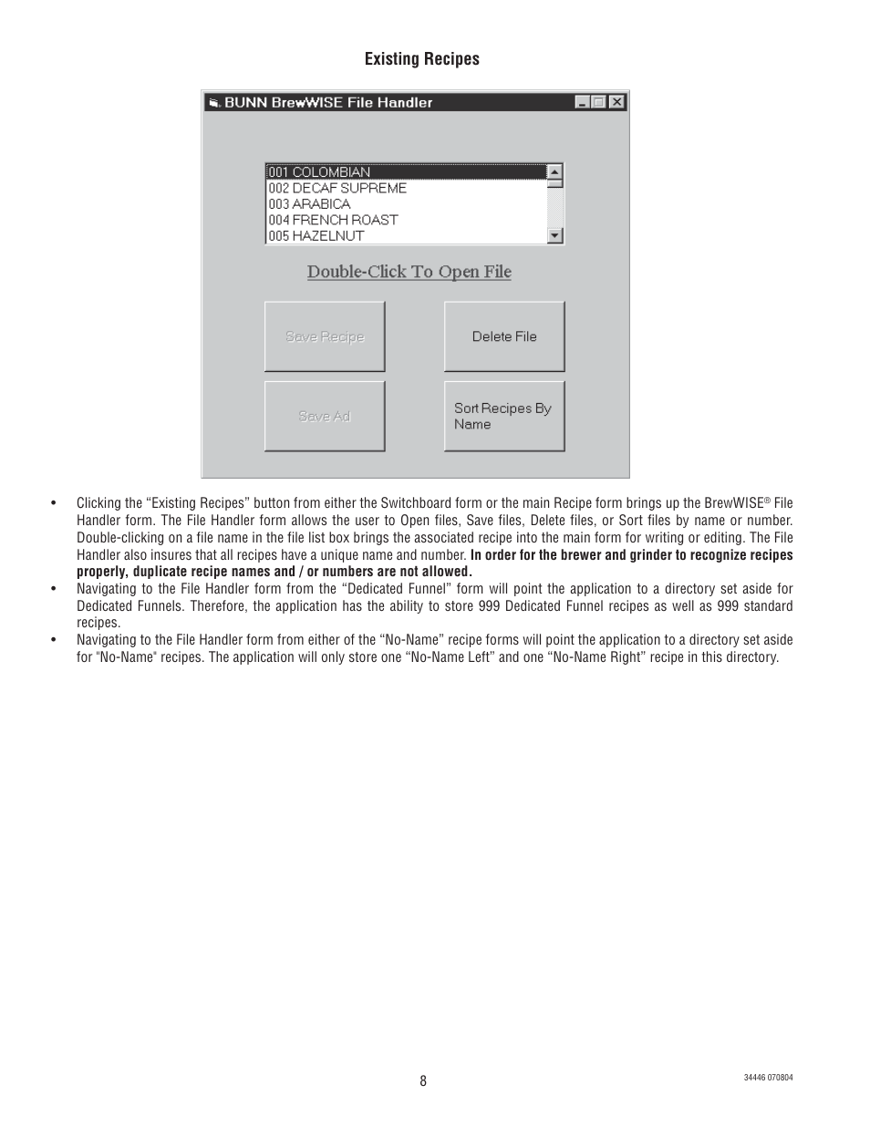 Existing recipes | Bunn B10 Series User Manual | Page 8 / 15