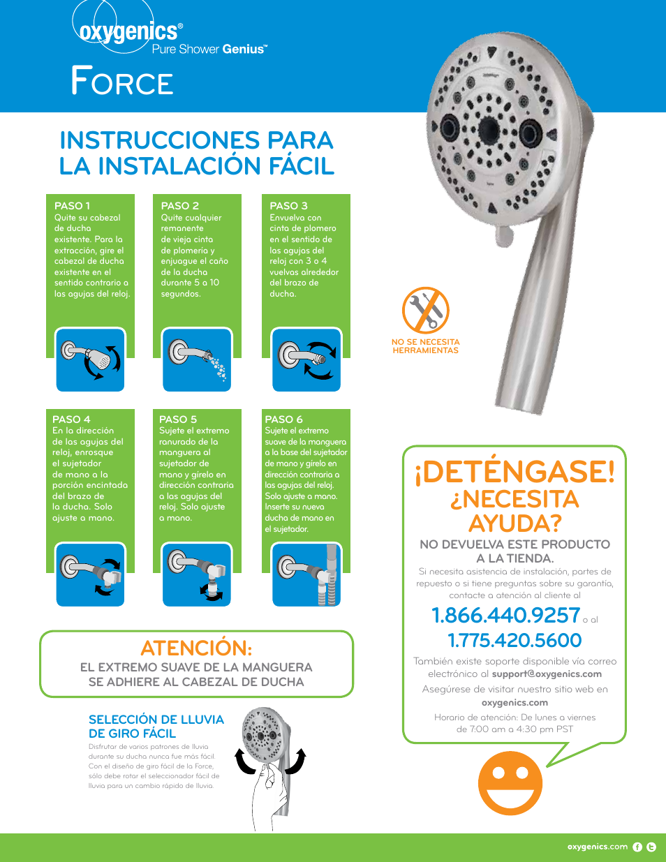 Deténgase, Orce, Necesita ayuda | Instrucciones para la instalación fácil, Atención | Oxygenics Force HH User Manual | Page 2 / 2