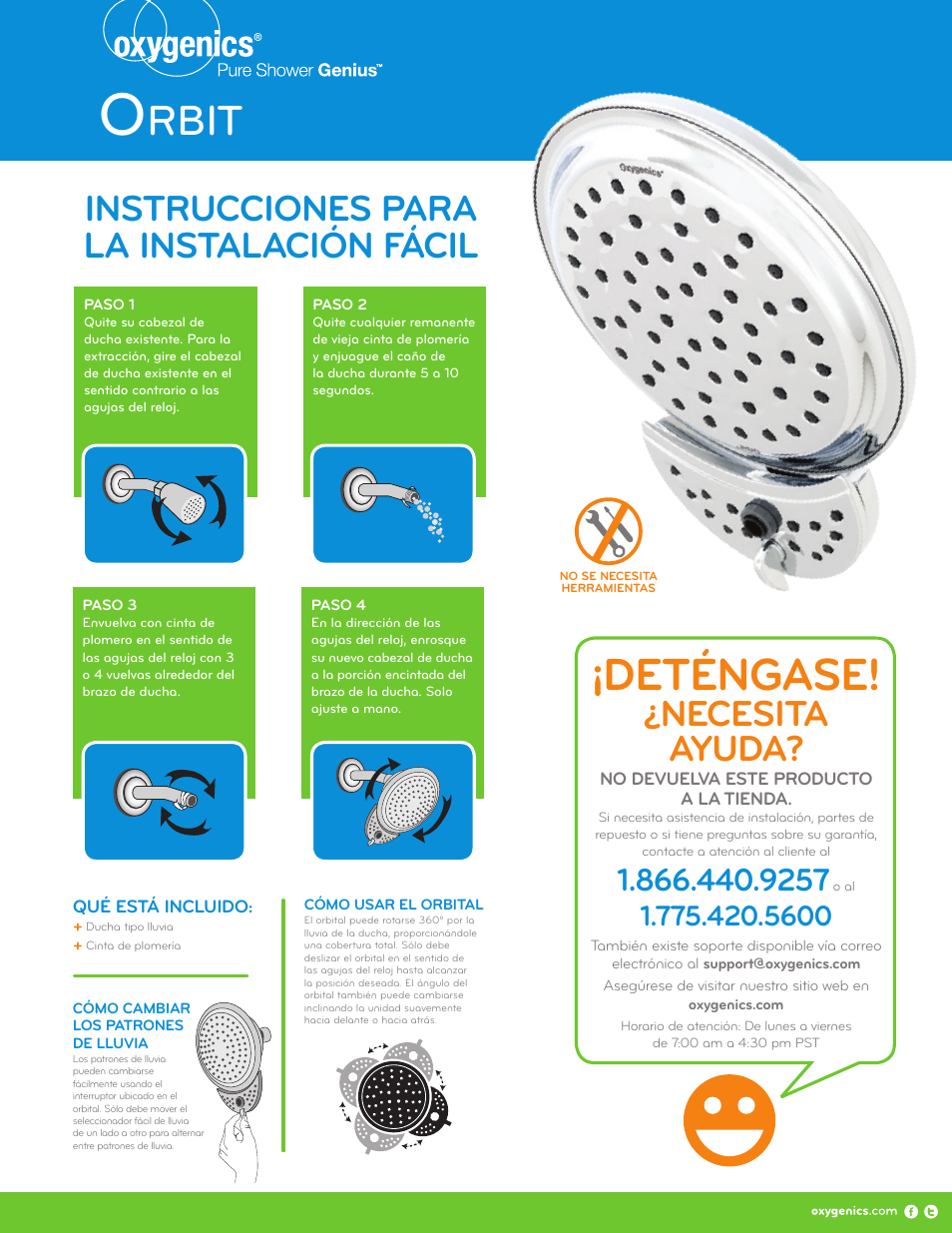 Deténgase, Rbit, Necesita ayuda | Instrucciones para la instalación fácil | Oxygenics Orbit User Manual | Page 2 / 2