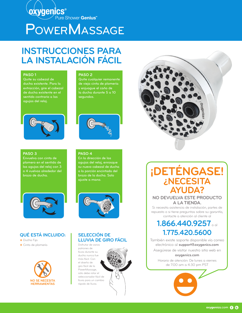 Deténgase, Ower, Assage | Necesita ayuda, Instrucciones para la instalación fácil | Oxygenics PowerMassage Fixed User Manual | Page 2 / 2