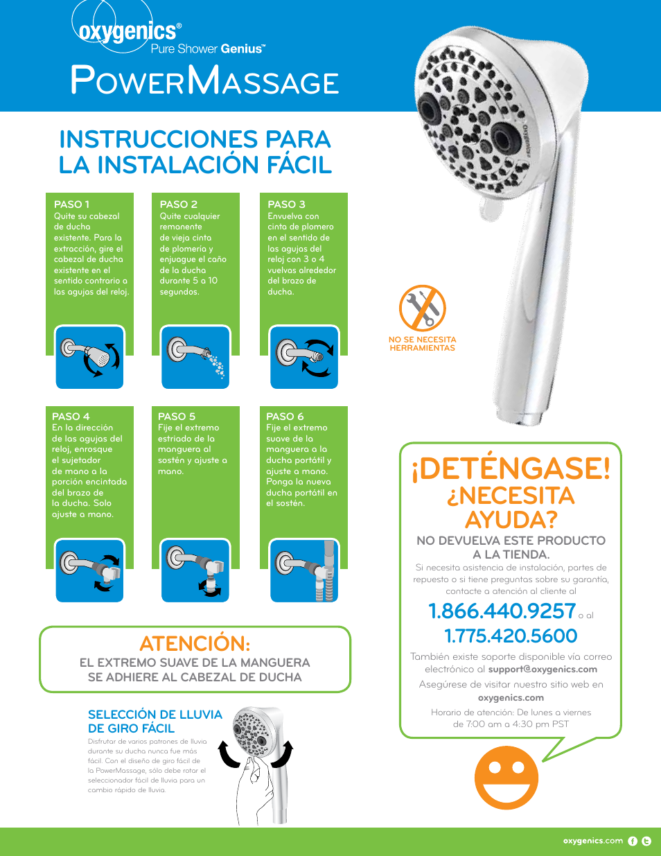 Deténgase, Ower, Assage | Necesita ayuda, Instrucciones para la instalación fácil, Atención | Oxygenics PowerMassage HH User Manual | Page 2 / 2