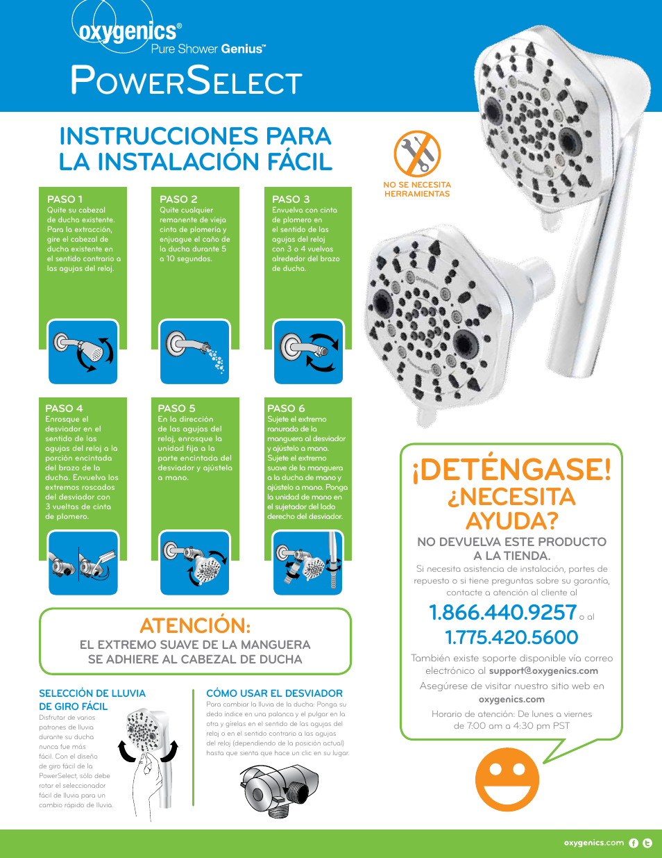 Deténgase, Ower, Elect | Necesita ayuda, Instrucciones para la instalación fácil, Atención | Oxygenics PowerSelect Combo User Manual | Page 2 / 2