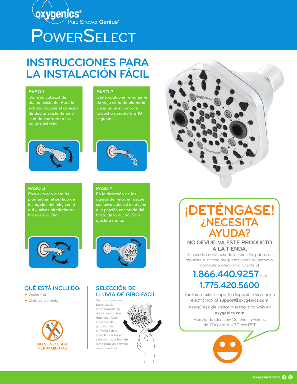 Deténgase, Ower, Elect | Necesita ayuda, Instrucciones para la instalación fácil | Oxygenics PowerSelect Fixed User Manual | Page 2 / 2