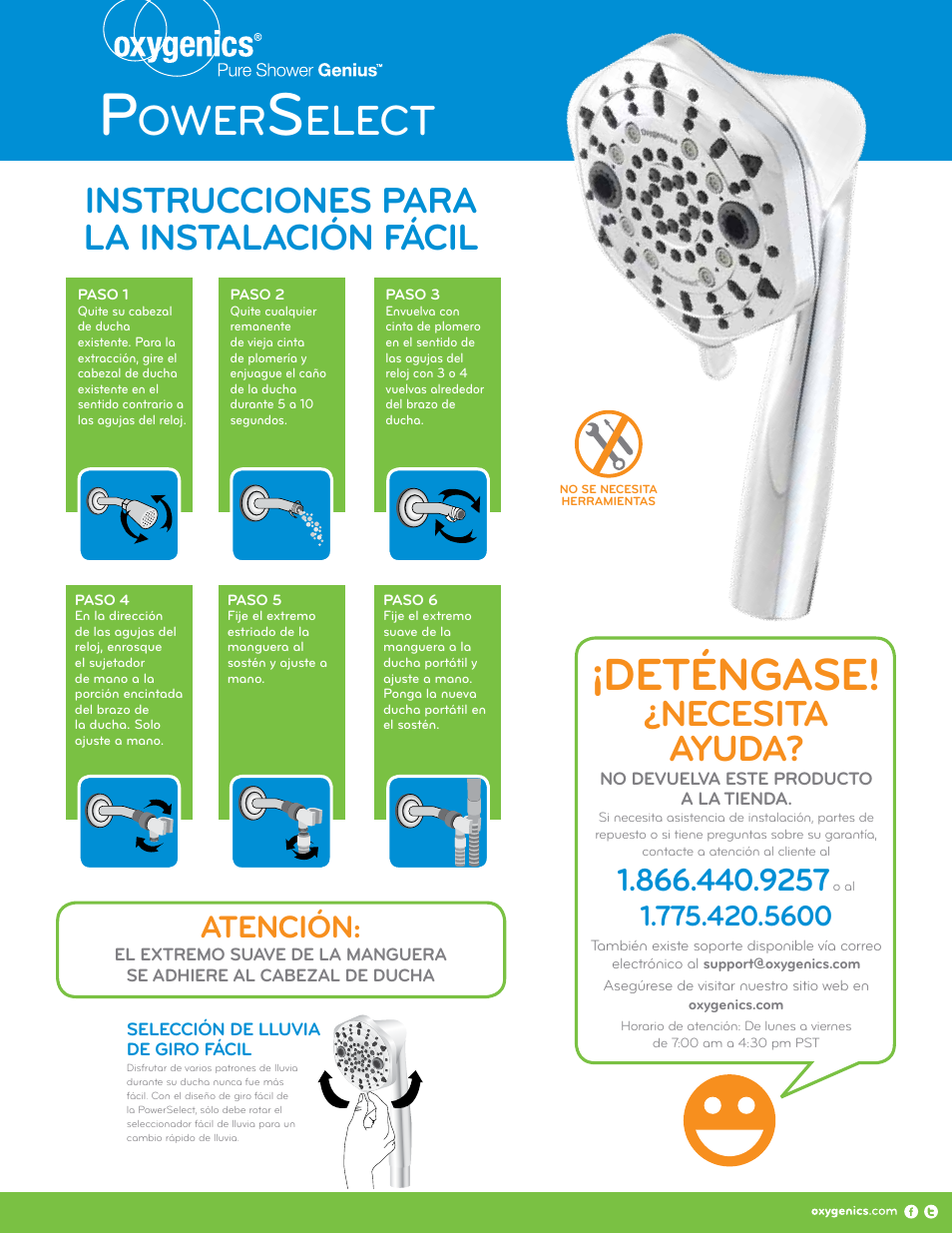 Deténgase, Ower, Elect | Necesita ayuda, Instrucciones para la instalación fácil, Atención | Oxygenics PowerSelect HH User Manual | Page 2 / 2