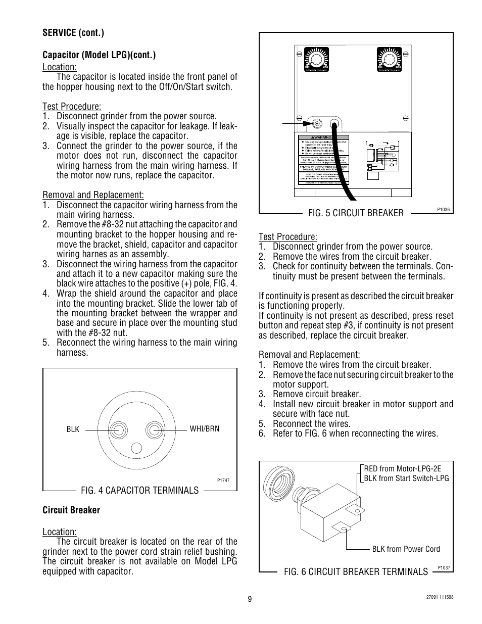Fig. 5 circuit breaker, Fig. 6 circuit breaker terminals, Fig. 4 capacitor terminals | Bunn LPG LPG-2E User Manual | Page 9 / 22