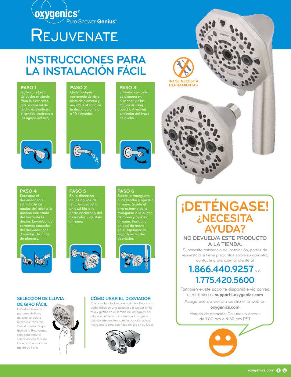 Deténgase, Ejuvenate, Necesita ayuda | Instrucciones para la instalación fácil | Oxygenics Rejuvenate Combo User Manual | Page 2 / 2