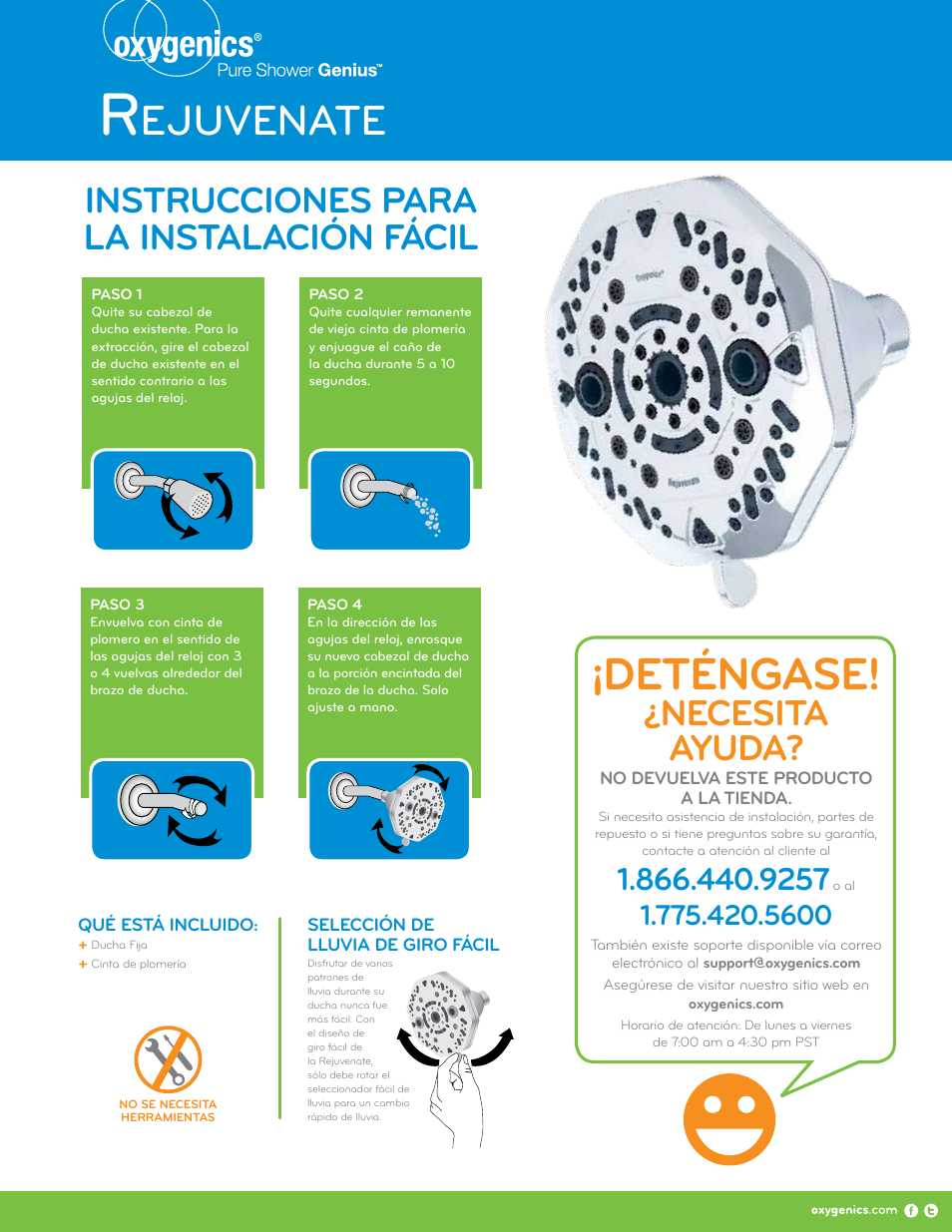 Deténgase, Ejuvenate, Necesita ayuda | Instrucciones para la instalación fácil | Oxygenics Rejuvenate Fixed User Manual | Page 2 / 2