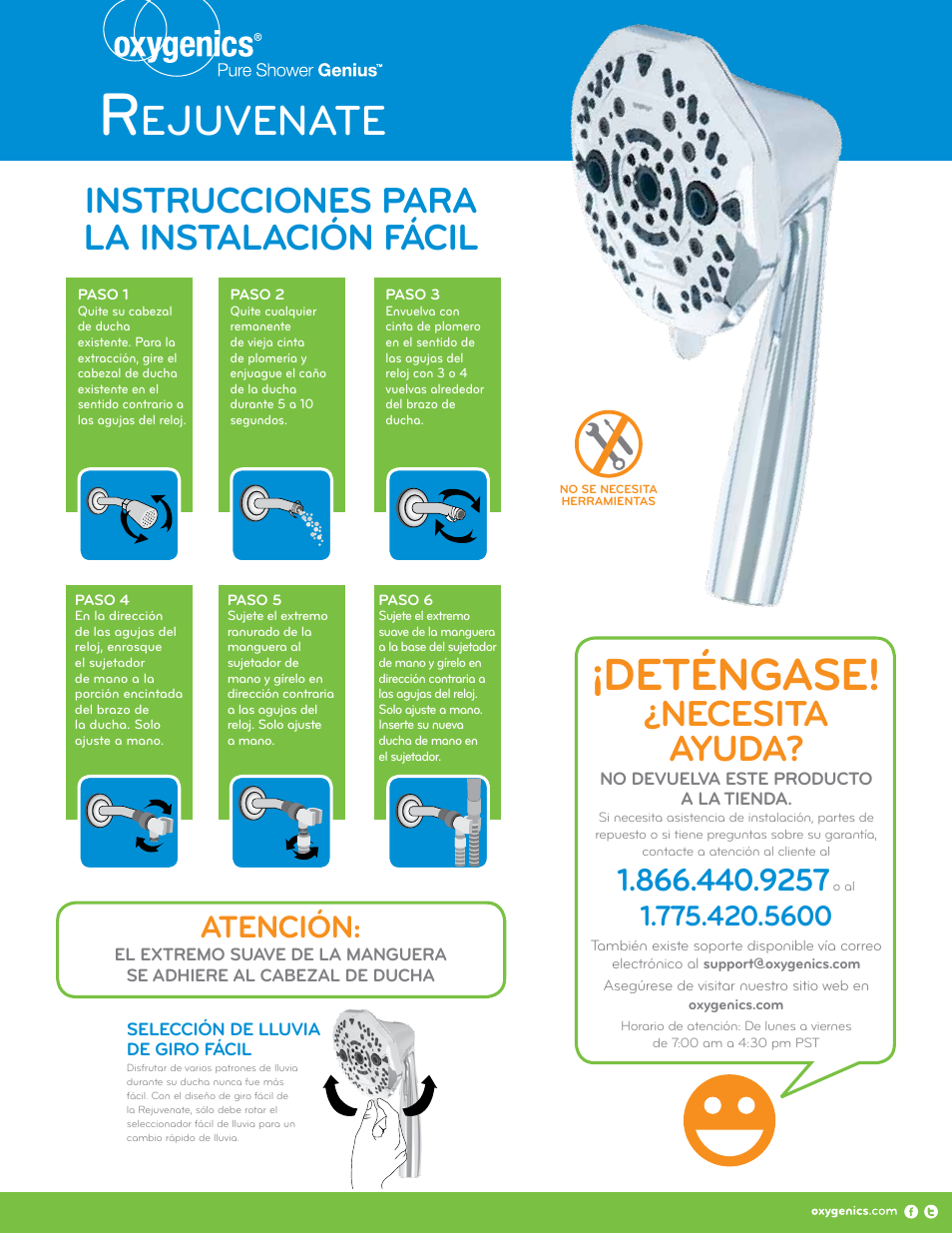 Deténgase, Ejuvenate, Necesita ayuda | Instrucciones para la instalación fácil, Atención | Oxygenics Rejuvenate HH User Manual | Page 2 / 2