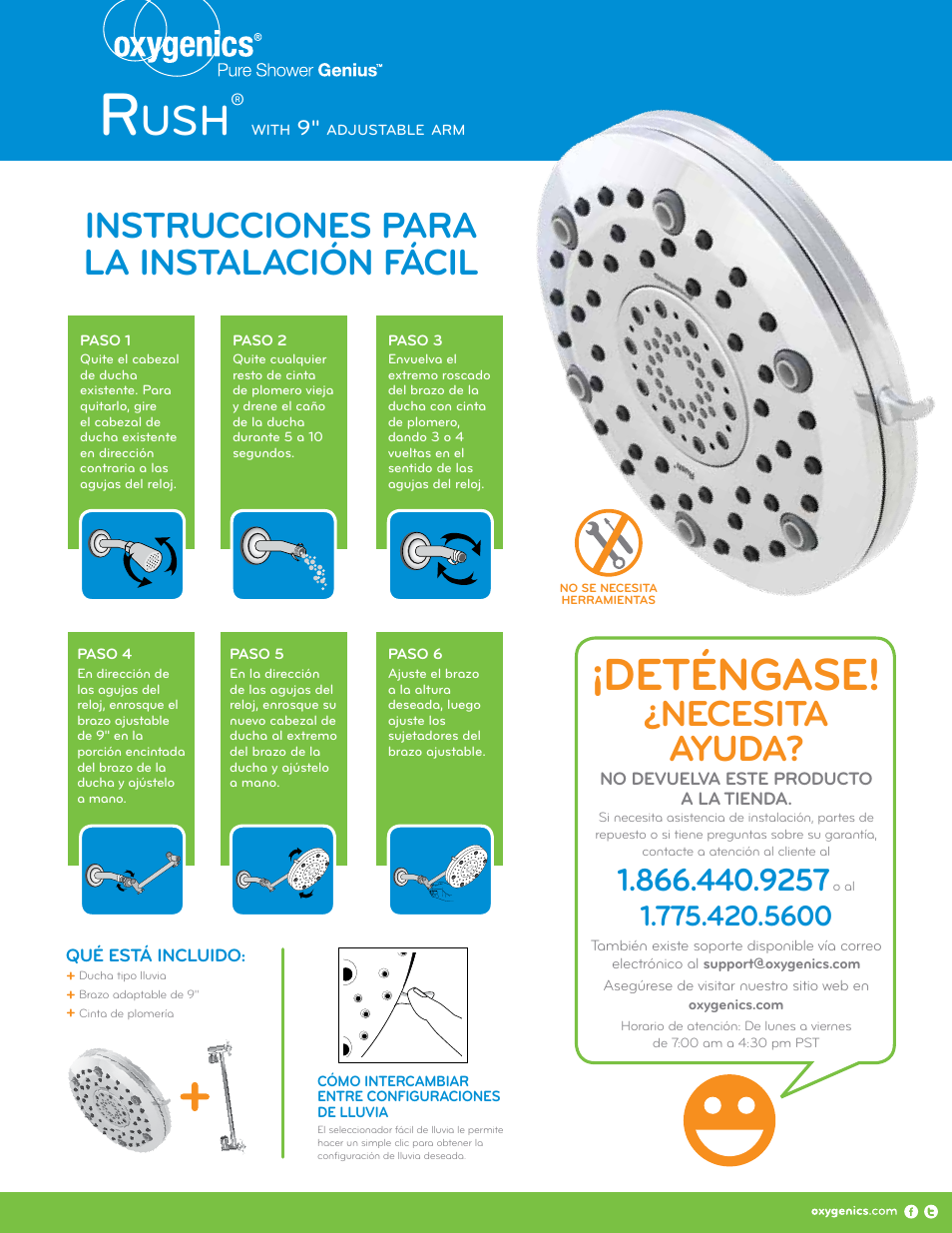 Deténgase, Necesita ayuda, Instrucciones para la instalación fácil | Oxygenics Rush Arm User Manual | Page 2 / 2