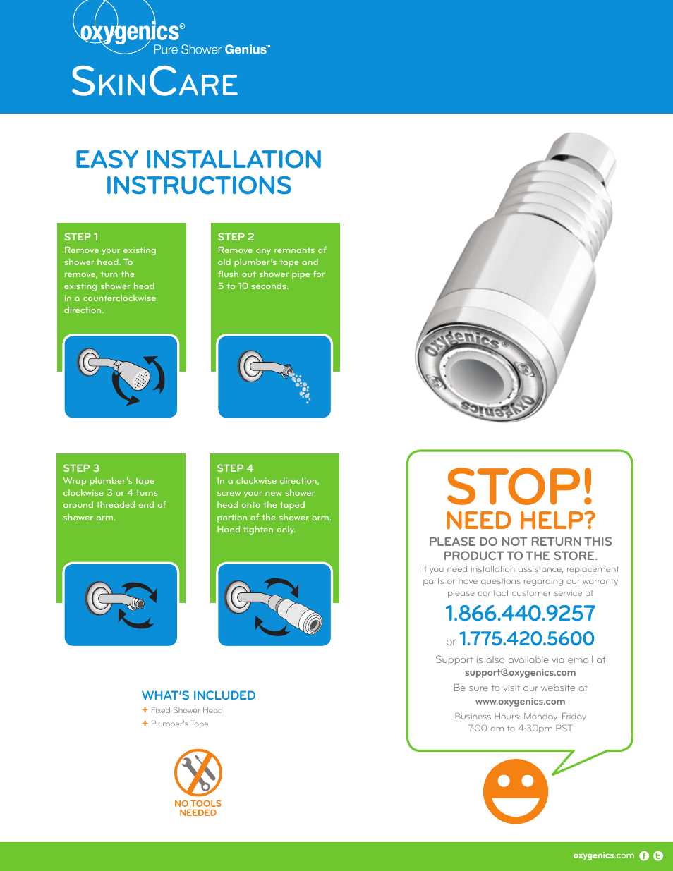 Oxygenics SkinCare Fixed Without Comfort Control User Manual | 2 pages