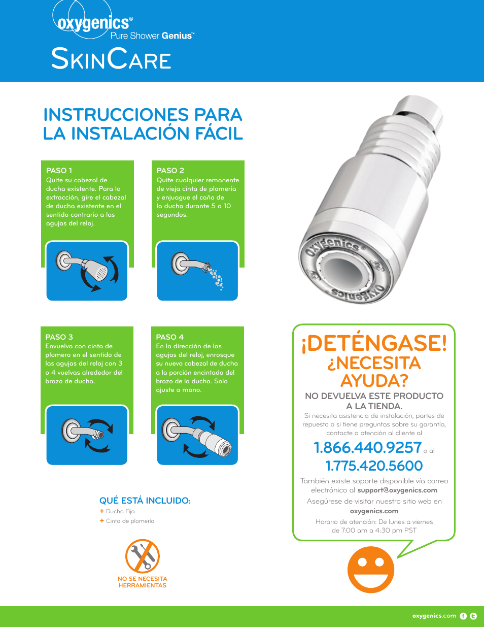 Deténgase, Necesita ayuda, Instrucciones para la instalación fácil | Oxygenics SkinCare Fixed Without Comfort Control User Manual | Page 2 / 2